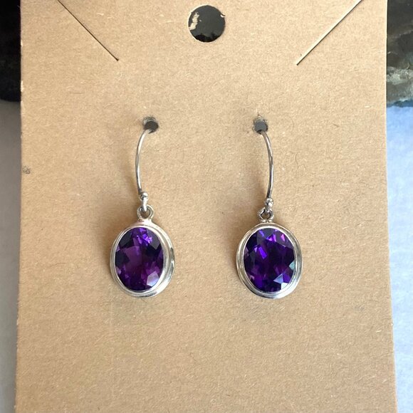 Sterling Silver 925 Faceted Oval Amethyst Dangle Drop Earrings Amethyst Jewelry - Picture 6 of 16